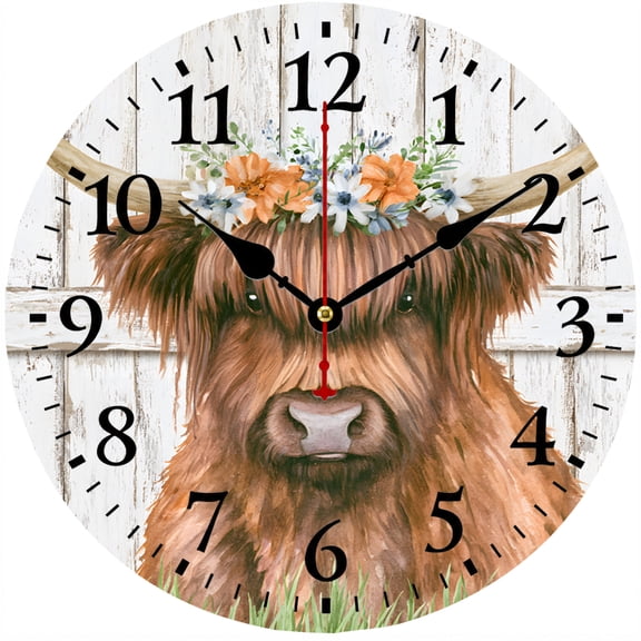 CozyHour Highland Cow Wall Clock, 9.84 Inch Rustic Farmhouse Floral Cow Analog Clock, Battery Operated Decor for Kitchen Bathroom Bedroom