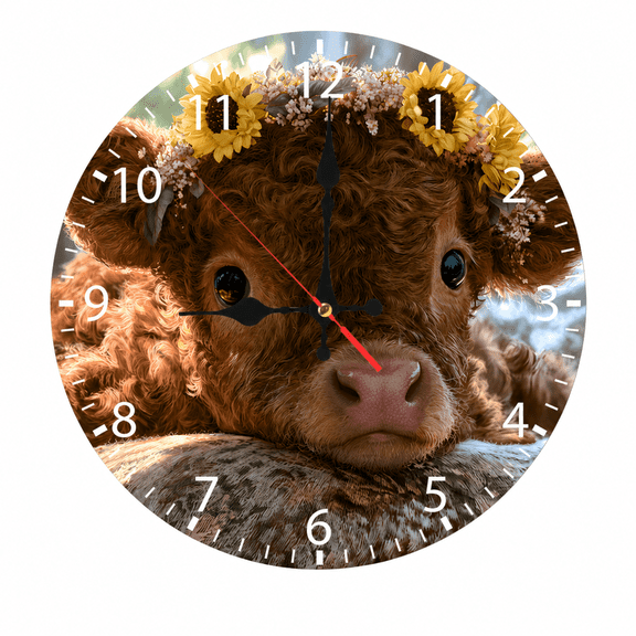 CozyHour Highland Cow Wall Clock 9.84 Inch, Rustic Farmhouse Floral Cow Decorative Battery Operated Clock for Kitchen Living Room Bedroom Office