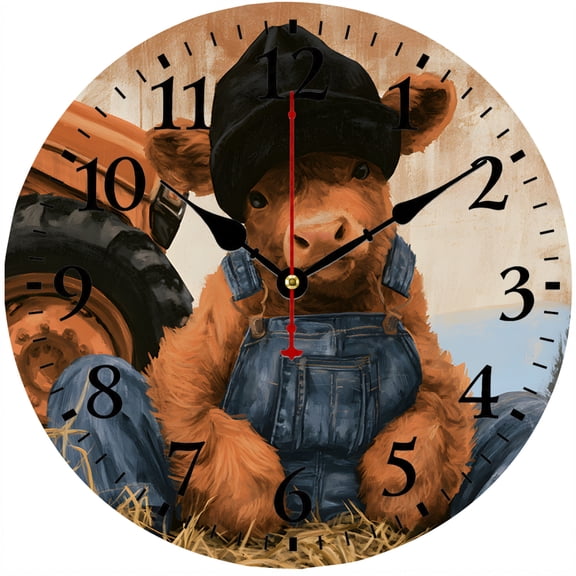 CozyHour Highland Cow Wall Clock 9.84 Inch, Rustic Farmhouse Tractor Analog Clock, Battery Operated Country Wall Decor for Kitchen Bedroom Office