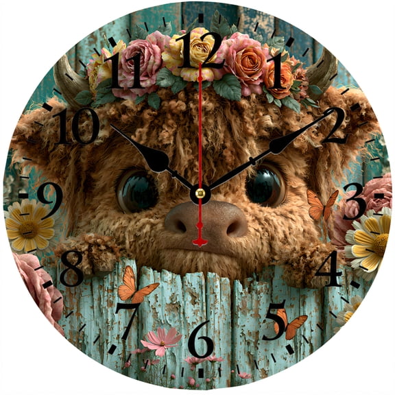 CozyHour Highland Cow Wall Clock, 9.84 Inch Rustic Floral Farmhouse Analog Clock with Easy-to-Read Numbers for Kitchen, Living Room, Bedroom