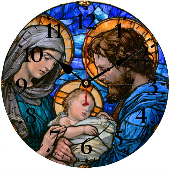 CozyHour Holy Family Wall Clock 9.84 Inch, Stained Glass Style Religious Christian Decor, Battery Operated Analog Clock for Living Room Bedroom Office