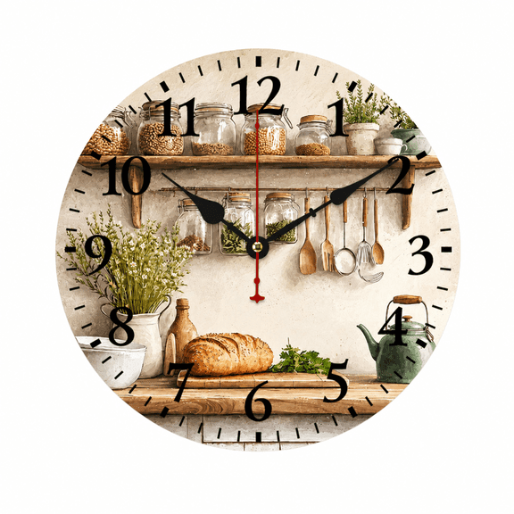 CozyHour Kitchen Wall Clock, 9.84 Inch Quiet Non-Ticking Rustic Farmhouse Bread Herb Analog Clock for Kitchen Dining Room Decor