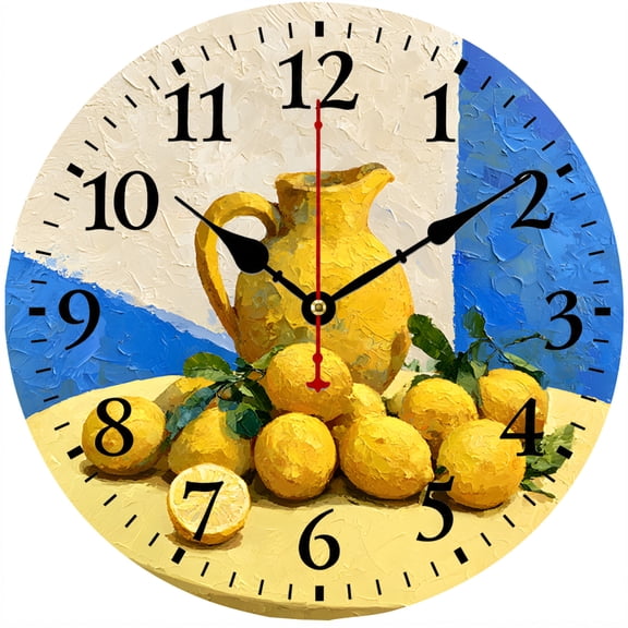 CozyHour Lemon Wall Clock, 9.84 Inch Blue and Yellow Kitchen Clock, Mediterranean Still Life Decorative Analog Clock for Kitchen Dining Room Cafe