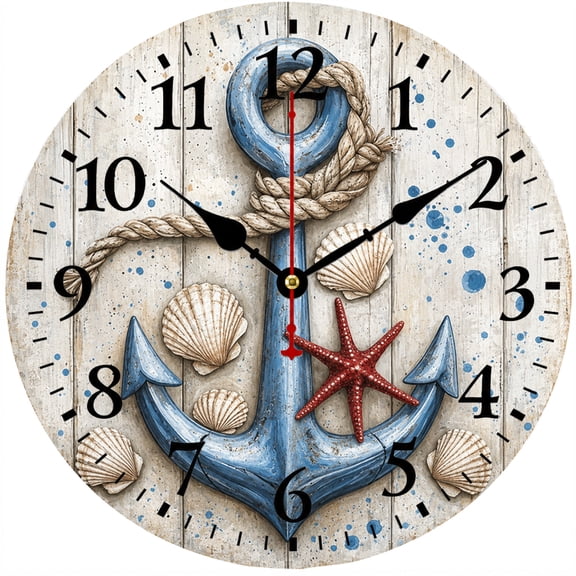 CozyHour Nautical Anchor Wall Clock, 9.84 Inch Coastal Beach Wall Decor with Seashell and Starfish Design, Round Analog Clock for Bathroom, Living Room, Bedroom and Kitchen