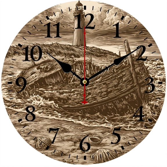 CozyHour Nautical Lighthouse Wall Clock 9.84 Inch, Vintage Shipwreck Coastal Decor, Battery Operated Analog Clock for Living Room Bedroom Office