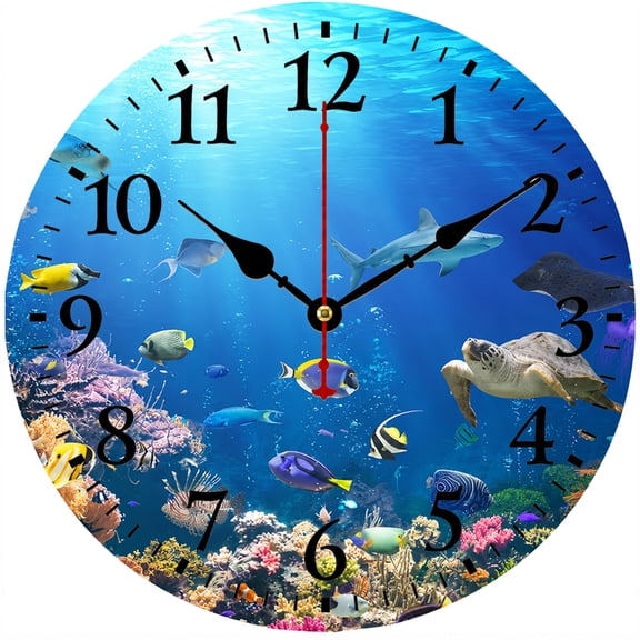 CozyHour Ocean Wall Clock 9.84 Inch Round Decorative Wall Clock with Tropical Sea Life Design, Marine Fish Turtle Artwork, Battery Operated Analog Clock for Living Room Bedroom Bathroom Home Decor