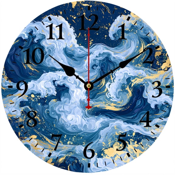 CozyHour Ocean Wave Wall Clock, 9.84 Inch Blue and Gold Coastal Wall Decor, Silent Non-Ticking Battery Operated Clock for Living Room Bedroom Office