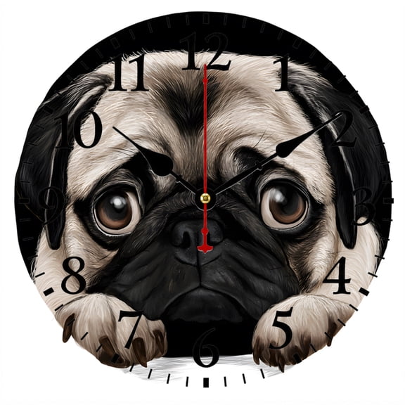 CozyHour Pug Dog Wall Clock 9.84 Inch, Silent Non Ticking Battery Operated Cute Puppy Face Clock, Funny Animal Decor for Bedroom Kitchen Office