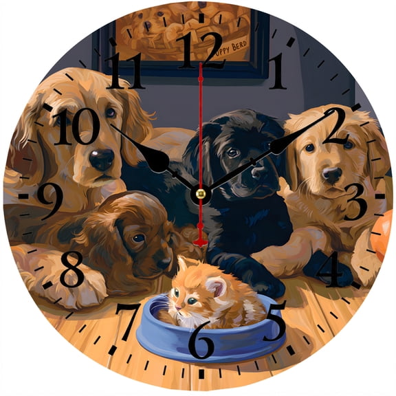 CozyHour Puppy and Kitten Wall Clock 9.84 Inch, Cute Dog Cat Silent Non-Ticking Analog Clock for Kids Room Bedroom Living Room Decor