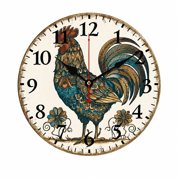 CozyHour Rooster Wall Clock, 9.84 inch Battery Operated Analog Clock, Rustic Farmhouse Chicken Decor for Kitchen Home Office