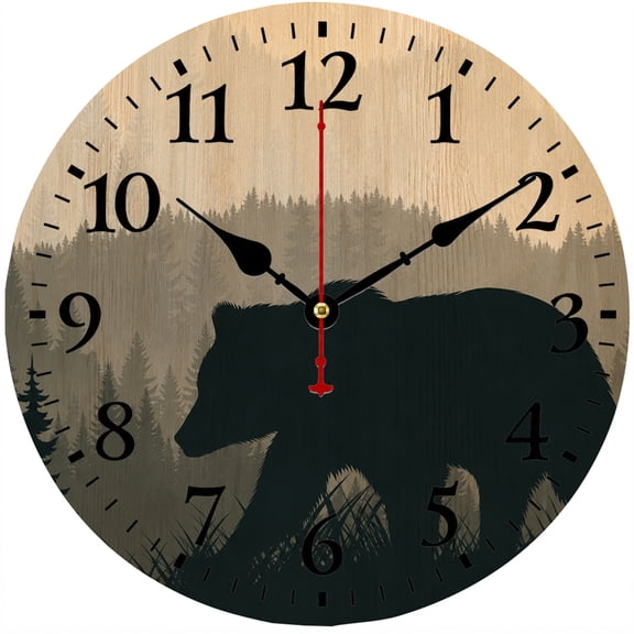 CozyHour Rustic Bear Wall Clock 9.84 Inch, Wooden Farmhouse Wall Decor Clock with Forest Wildlife Silhouette Design, Large Easy Read Numbers Analog Clock for Living Room Bedroom Cabin Home Office
