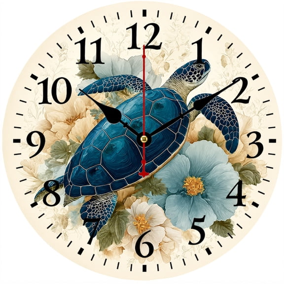 CozyHour Sea Turtle Wall Clock, 9.84 Inch Blue Floral Coastal Wall Clock, Battery Operated Analog Clock for Bathroom, Bedroom, Living Room and Beach House Decor