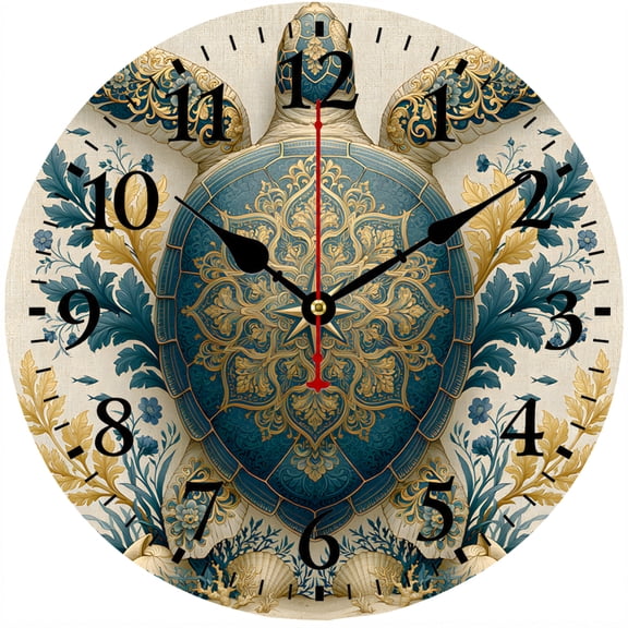 CozyHour Sea Turtle Wall Clock, 9.84 Inch Teal and Gold Coastal Floral Analog Clock, Decorative Round Clock for Living Room Bedroom Bathroom