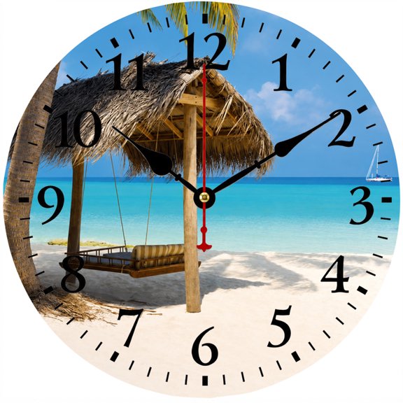 CozyHour Tropical Beach Wall Clock 9.84 Inch, Ocean Seaside Decorative Round Clock with Palm Tree Hut Sunset Coastal Design, Battery Operated Analog Clock for Living Room Bedroom Home Office Decor