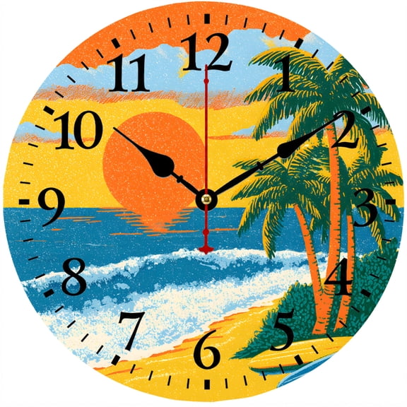 CozyHour Tropical Beach Wall Clock 9.84 Inch, Palm Tree Sunset Ocean Round Analog Clock for Living Room Bedroom Kitchen Office Decor