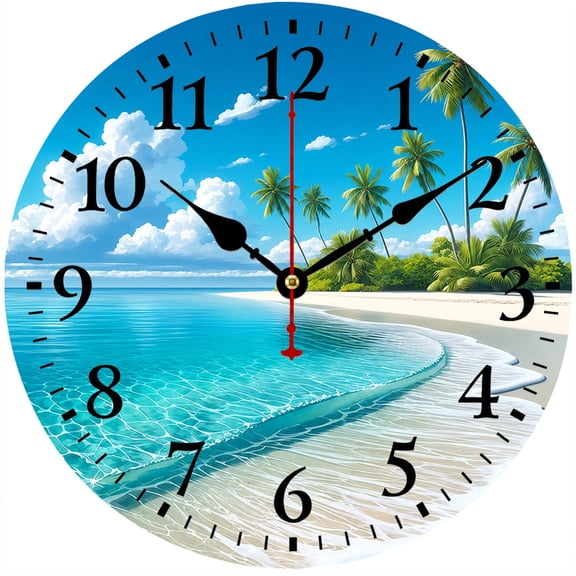 CozyHour Tropical Beach Wall Clock, 9.84 Inch Round Coastal Ocean Palm Tree Decorative Analog Clock for Living Room, Bedroom, Kitchen and Office