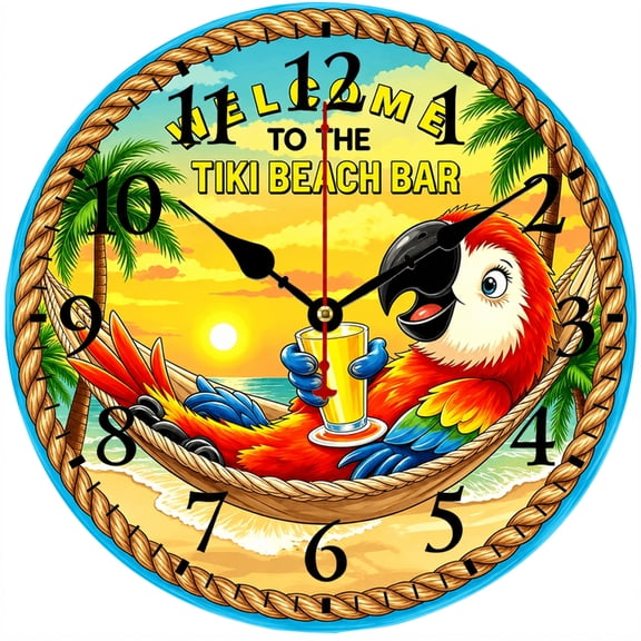 CozyHour Tropical Parrot Wall Clock, 9.84 Inch Tiki Beach Bar Clock with Palm Trees and Sunset, Colorful Coastal Decor for Kitchen, Bar, Living Room