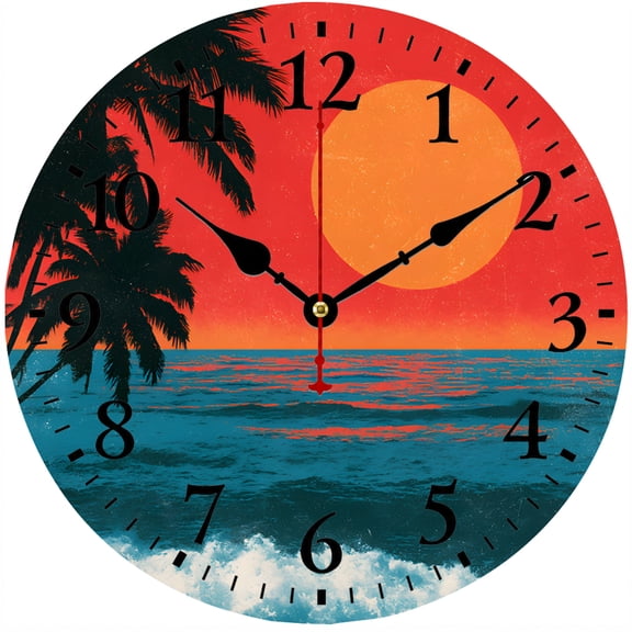 CozyHour Tropical Sunset Wall Clock, 9.84 Inch Round Beach Ocean Palm Tree Analog Clock for Living Room, Bedroom, Kitchen and Office Decor