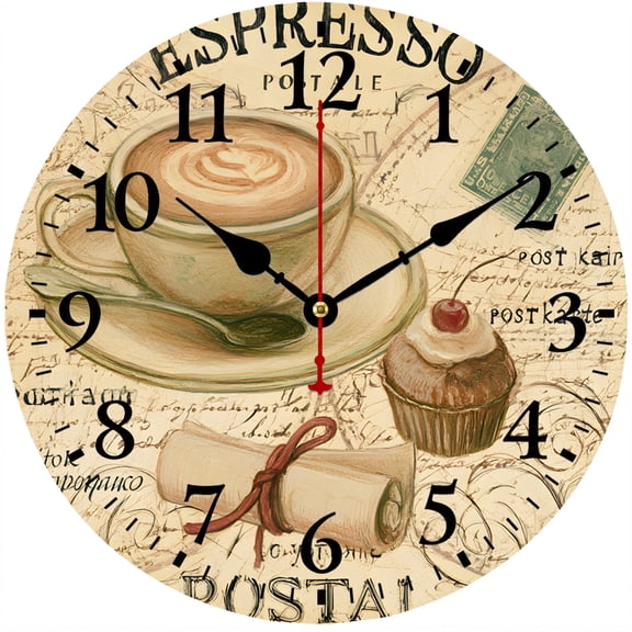 CozyHour Vintage Coffee Wall Clock 9.84 Inch, Silent Non-Ticking Battery Operated Kitchen Clock, Rustic Cafe Decor for Dining Room