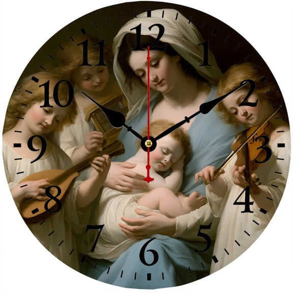 CozyHour Virgin Mary Wall Clock 9.84 Inch, Madonna and Child with Angels Religious Art Analog Clock for Catholic Christian Home Decor