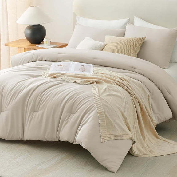 CozyLux Oatmeal King Size Comforter Set, 3 Pieces Solid Breathable Quilted Style