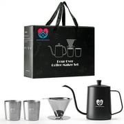 CozyNest Home Essentials- Stainless Steel Pour Over Coffee Maker 4pcs Gift Set Includes Pour over Kettle, 2 insulated Cups, and Reusable Stainless Steel Mesh Coffee Dripper