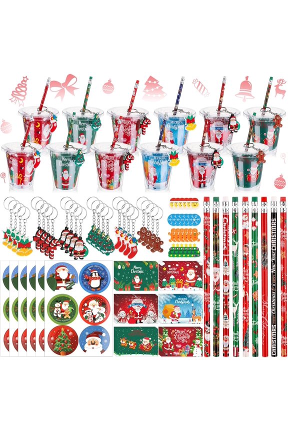CozyNestF144 Pcs Christmas Classroom Gifts for Students Goodie Bag Fillers for Stocking Stuffers Xmas Party Supplies Goody Cups Pencil Eraser Keychain Sticker Greeting Card Gift Exchange game Prize