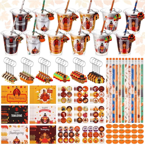 CozyNestFinds 144 Pcs Thanksgiving Classroom Gifts for Students Fall Party Favors Goodie Bag Fillers Party Supplies Goody Cups Maple Turkey Pumpkin Pencil Eraser Keychain Sticker Greeting Card Autumn