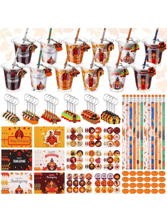 CozyNestFinds 144 Pcs Thanksgiving Classroom Gifts for Students Fall Party Favors Goodie Bag Fillers Party Supplies Goody Cups Maple Turkey Pumpkin Pencil Eraser Keychain Sticker Greeting Card Autumn