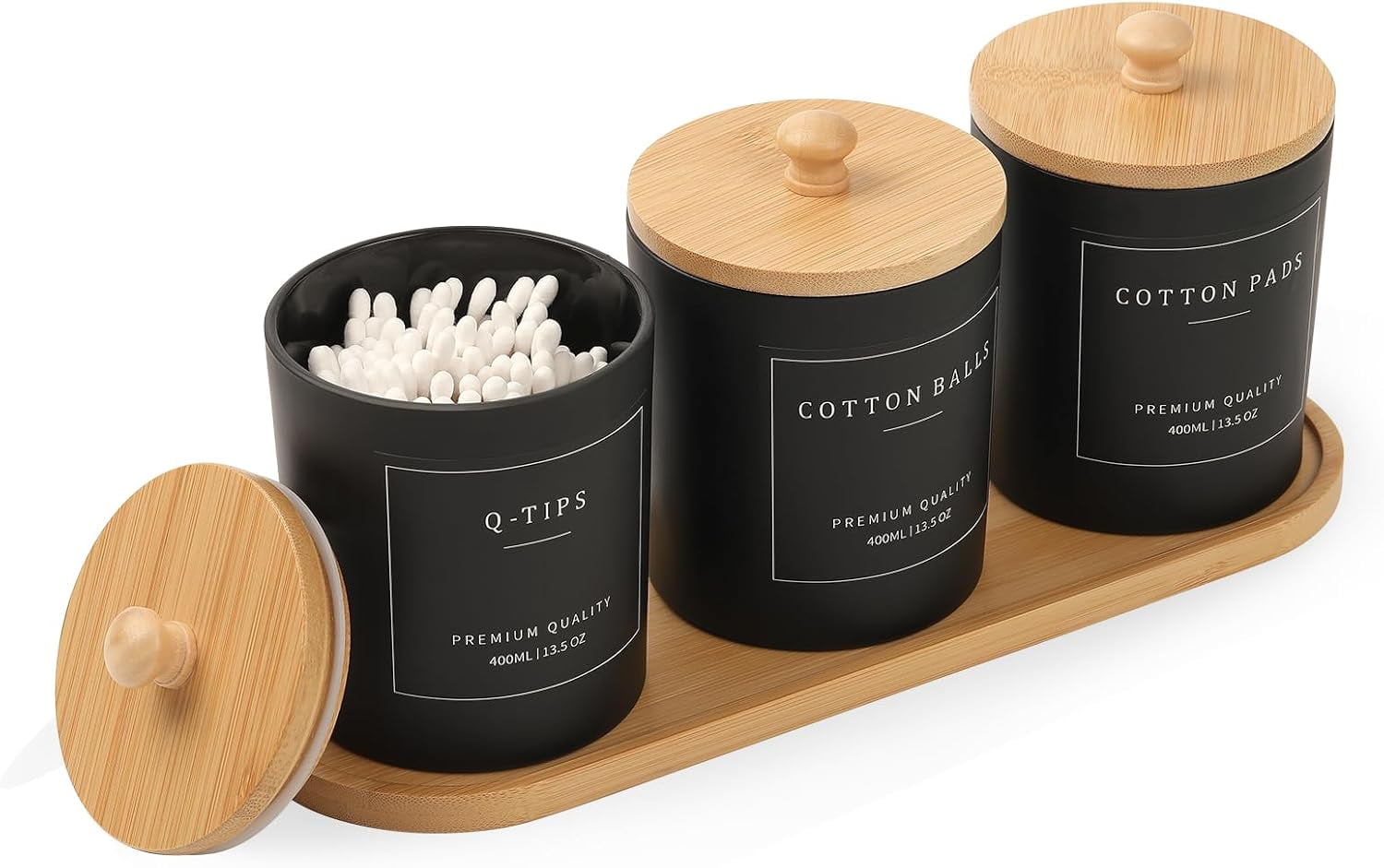 CozyNestFinds 3 Pack Qtip Holder - Bathroom Organizers and Storage, Cotton Round Pad Dispenser Floss Pick Holder with Tray, Glass Apothecary Jars with Lids, Cotton Ball Container - Black