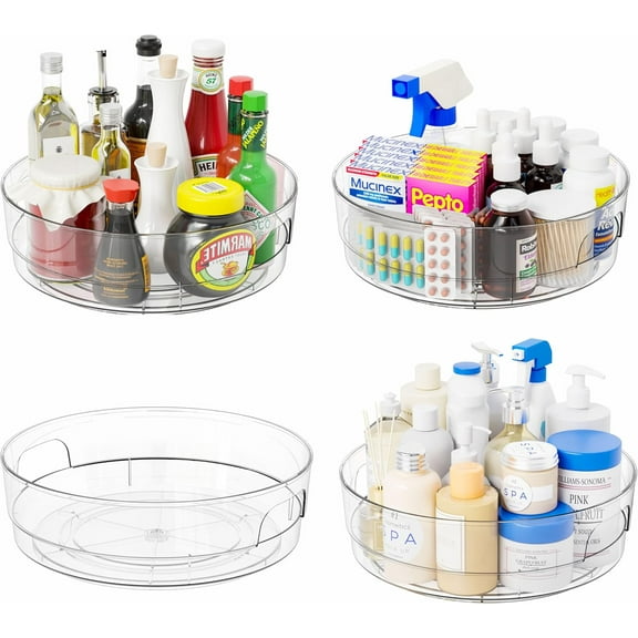 CozyNestFinds 4Pack Clear Lazy Susan for Kitchen Cabinets,Countertop,Pantry and Refrigerator-with Handles-11.5" W Large Capacity Lazy Susan Turntable,Condiments Carousels,Spinning Seasoning Organizer