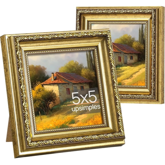CozyNestFinds 5x5 Picture Frame with Real Glass, Ornate Vintage 5 x 5 Photo Frames for Wall Decor or Tabletop Display, Gold, 2 Pack