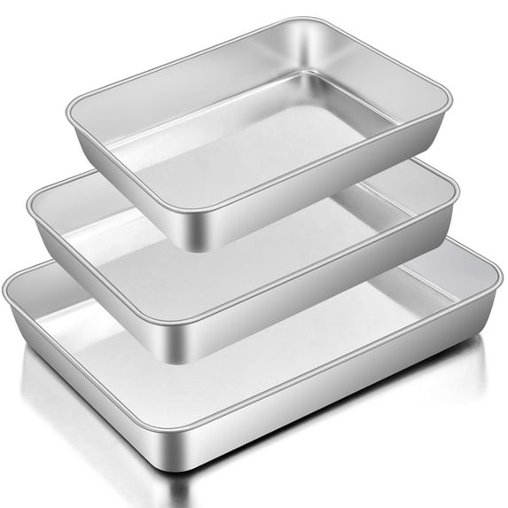3-Piece Baking Pans Set, Rectangle Cake Pan for Oven 12.5/10.5/9.4 Inch, Non-Toxic Bakeware for Lasagna Brownie Cookie Casserole, Dishwasher Safe, Silver