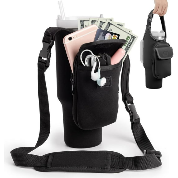 CozyNestFinds Carrier Bag with Phone&Flap Pockets for Stanley 40/30oz Tumbler with Handle, Insulated Neoprene Cup Holder Carrier Bag w/Shoulder & Handheld Strap Fits Stanley Cup Accessories