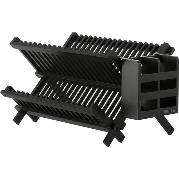 Dish Rack, Bamboo Folding 2-Tier Collapsible Drainer Dish Drying Rack with Utensils Flatware Holder Set (Dish Rack with Utensil Holder)