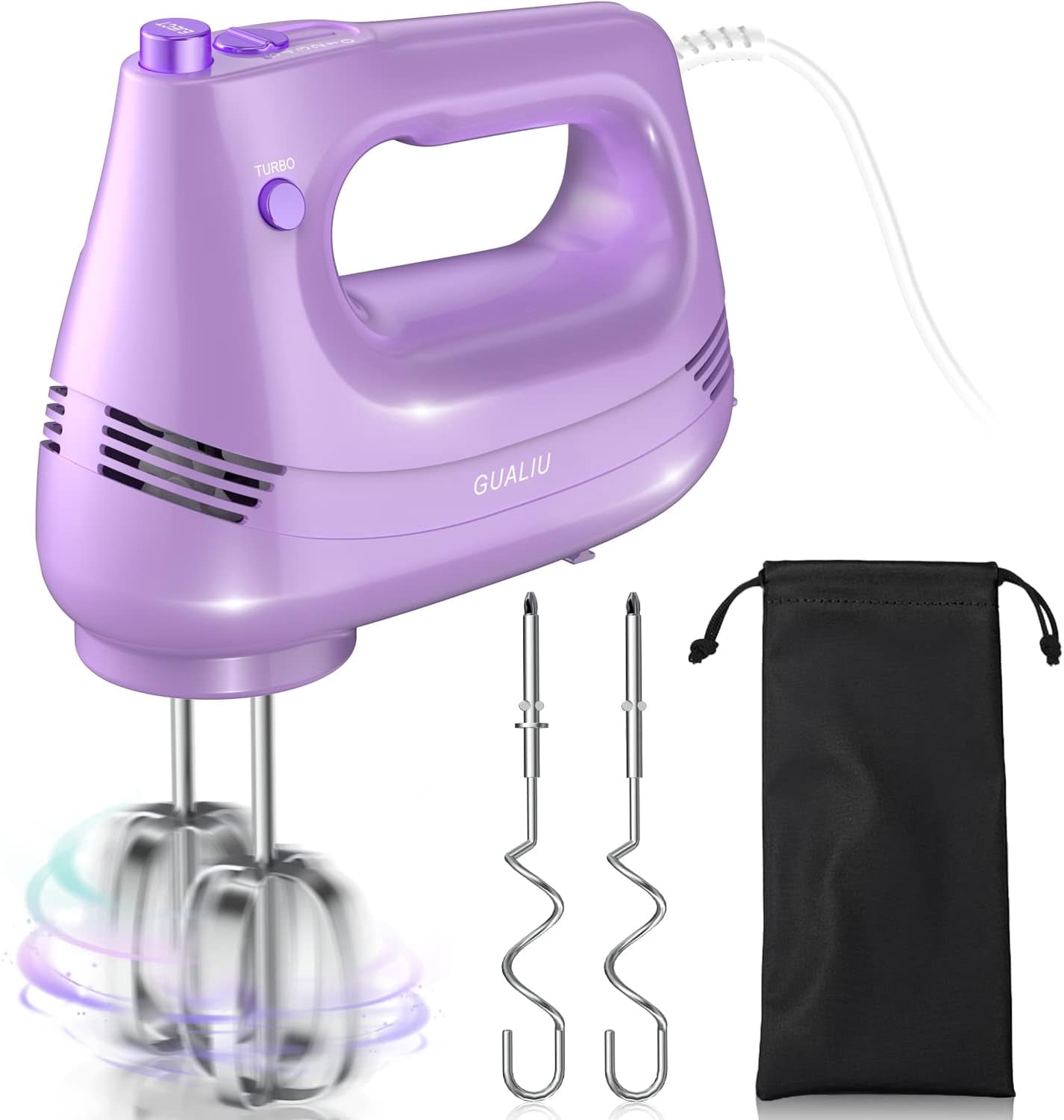 CozyNestFinds Electric Hand Mixer with Stainless Steel Whisk, Dough Hook Attachment and Storage Bag,Handheld Mixer for Baking Cakes,Eggs,Cream Food Mixers. Turbo Boost /5 Speed Kitchen Blender PURPLE