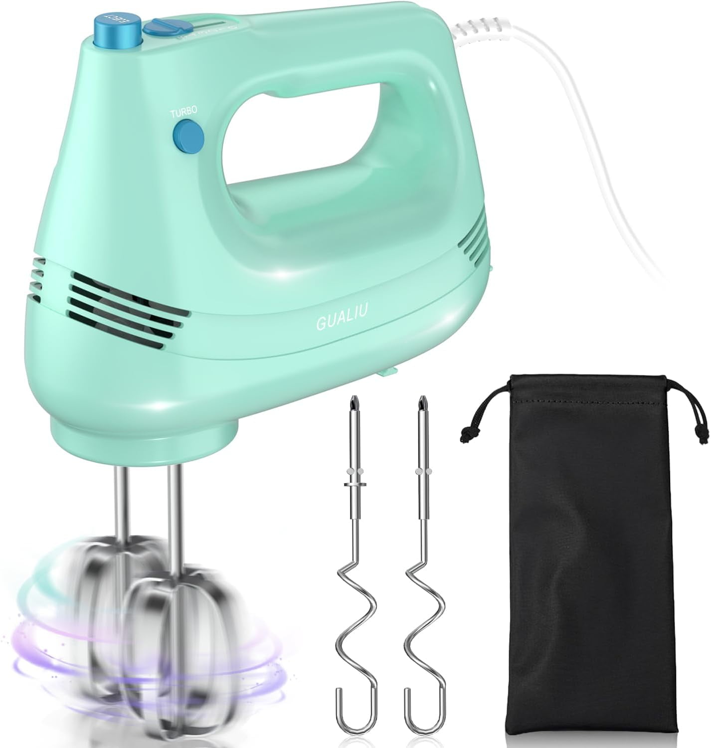 CozyNestFinds Electric Hand Mixer with Stainless Steel Whisk,Dough Hook Attachment and Storage Bag, Handheld Mixer for Baking Cakes,Eggs,Cream Food Mixers. Turbo Boost /5 Speed Kitchen Blender GREEN