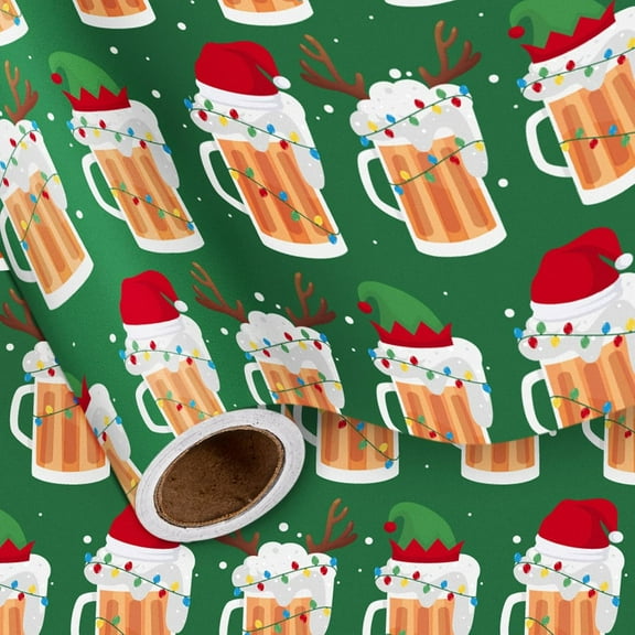 CozyNestFinds Funny Christmas Beer Wrapping Paper Roll, Festive Beer Mugs in Santa Hats, Elf Hats, Reindeer Antlers Green Holiday Gift Wrap for Adults, Men, Party, White Elephant, 17 In x 16.4 Feet