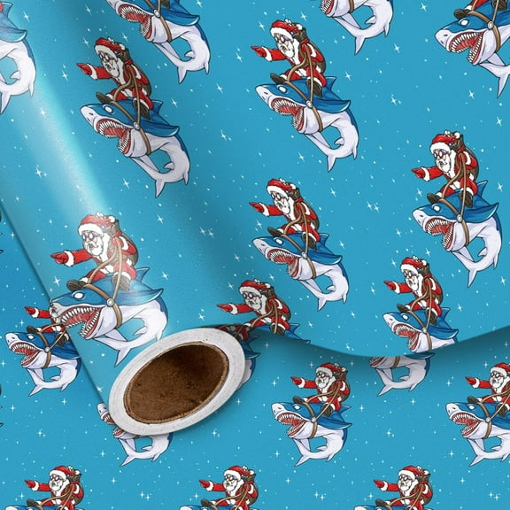 CozyNestFinds Funny Christmas Wrapping Paper Roll, Santa Claus Riding a Fierce Shark, Blue Xmas Playful Design for White Elephant, Gag Gifts, and Cool Holiday Presents, Mini Roll 17 in x 16.4 Feet