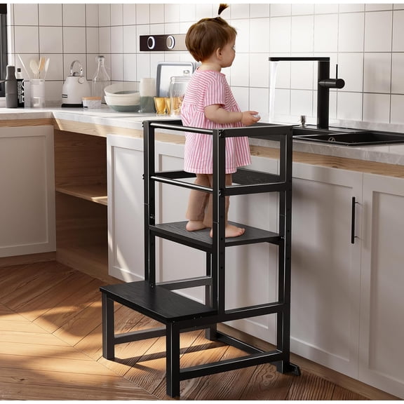 CozyNestFinds Height Adjustable Step Stool with Safety Rail, Wood & Steel Kitchen Helper Tower, Learning Tower