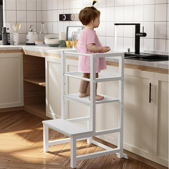 CozyNestFinds Height Adjustable Step Stool with Safety Rail, Wood & Steel Kitchen Helper Tower, Learning Tower