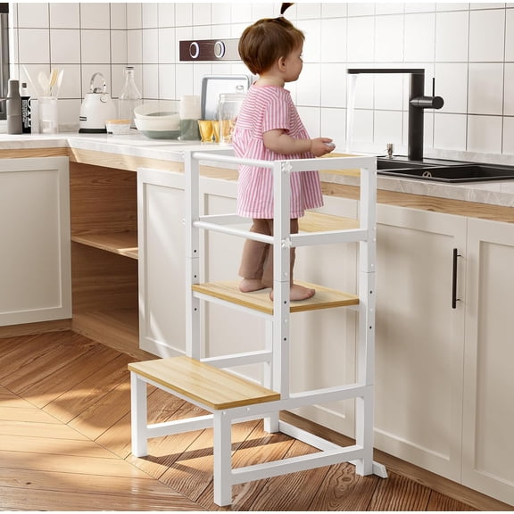 CozyNestFinds Height Adjustable Step Stool with Safety Rail, Wood & Steel Kitchen Helper Tower, Learning Tower