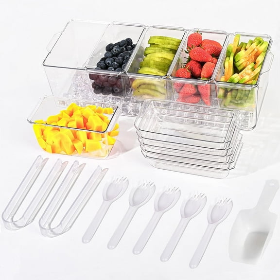 CozyNestFinds Ice Chilled Condiment Caddy with 5 Containers(2.5 cup),Condiment Server with Separate Lids, Serving Tray Platter with Removable Dishes for Bar Accessories,Fruit,Salad,Taco,Party Garnish