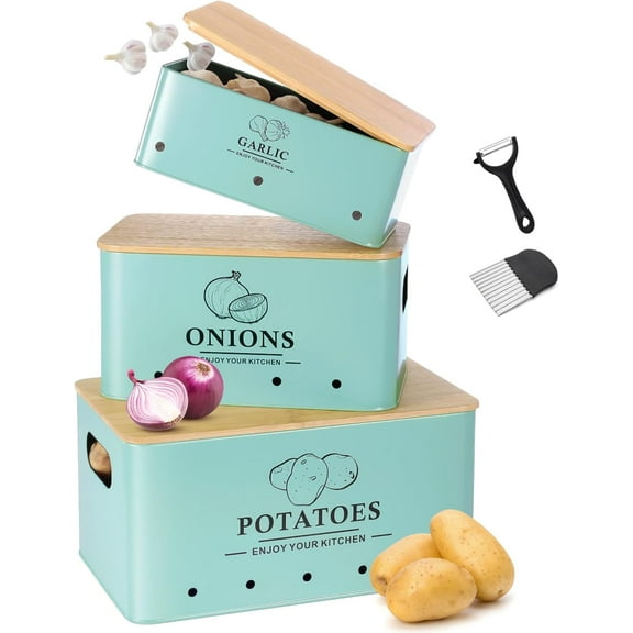 CozyNestFinds Kitchen Vegetable Storage Set of 3, Metal Onion Garlic Potato Storage Set, Kitchen Canisters Vegetable Keeper Containers with Aerating Holes and Wooden Lid (Blue)
