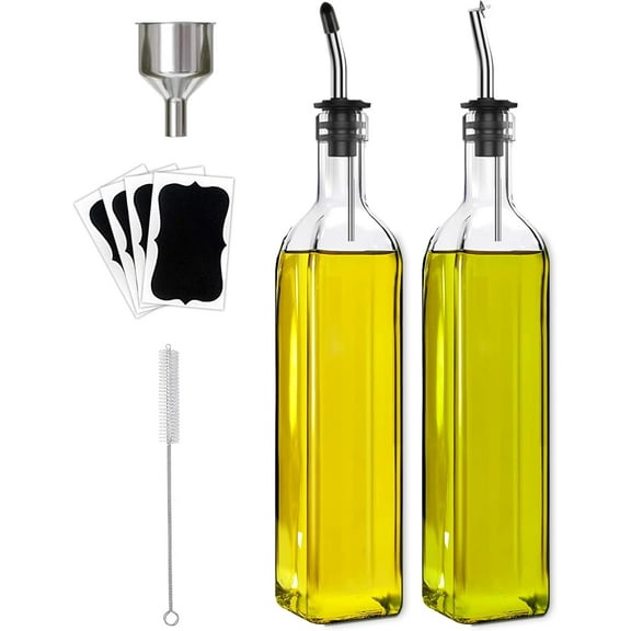 CozyNestFinds Olive Oil Dispenser Bottle, 2 Pcs Glass Olive Oil Dispenser and Vinegar Dispenser Set with 2 Stainless Steel Pourers, 4 Labels,1 Brush and 1 Funnel Oil Bottles for Kitchen (500ml)