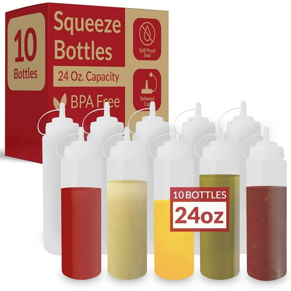 CozyNestFinds Plastic Squeeze Bottles, 24 oz. | 10 Pack | Condiment Squeeze Bottles for Sauces | Clear w/Tethered Caps | 24 Ounce Hot Sauce, Ketchup | Condiments, Olive Oil, Liquids