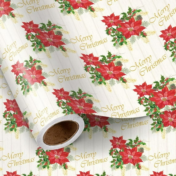 CozyNestFinds Poinsettia Christmas Wrapping Paper Roll, Red Poinsettia, Gold Merry Christmas Festive Design, for Holidays, Family Gatherings, Mini Roll 17 in x 16.4 Ft