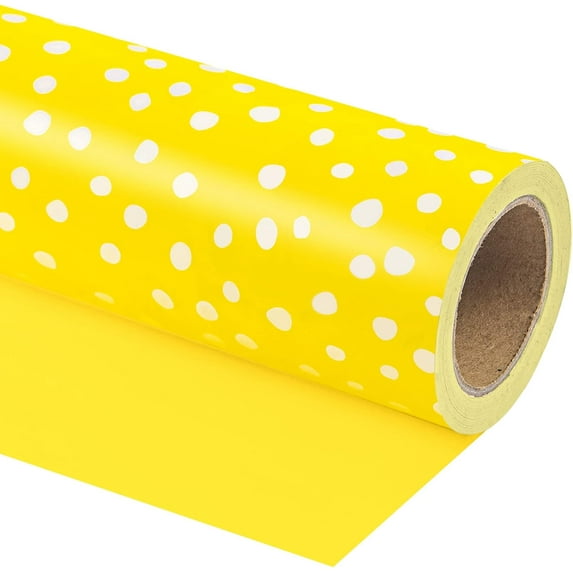 CozyNestFinds Reversible Wrapping Paper - Mini Roll - 17 Inch X 33 Feet - Yellow and Delicate Polka Dots Design for Birthday, Holiday, Wedding, Baby Shower
