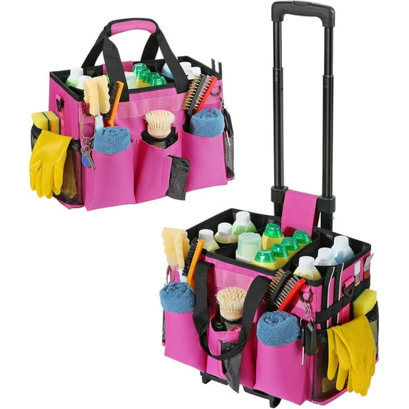 CozyNestFinds Rolling Cleaning Caddy Bag with Detachable Trolley, Professional Portable Large Cleaning Bag with Wheels, Wearable Cleaning Supply Bag on Wheels for Housekeepers, Rose Red