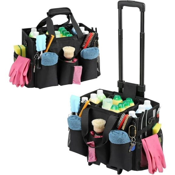 CozyNestFinds Rolling Cleaning Caddy Bag with Detachable Trolley, Professional Portable Large Cleaning Bag with Wheels, Wearable Cleaning Supply Bag on Wheels for Housekeepers, Black